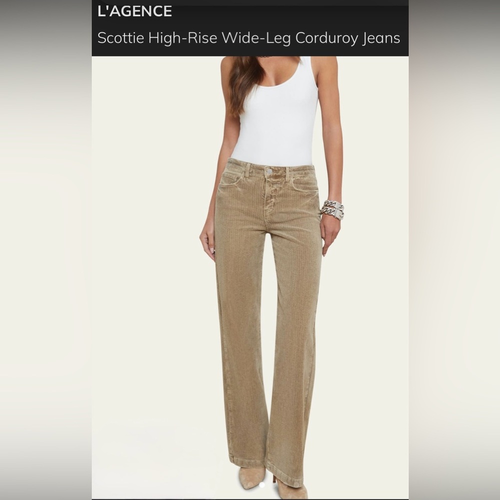 NEW L’AGENCE $295 Scottie High Rise Wide Leg Tan Corduroy Size 27